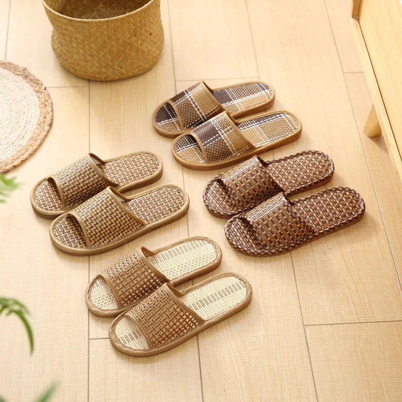 Bamboo & Rattan Summer Slippers for Women/Men - Breathable Couple Sandals, Soft Sole Anti-Slip Indoor Slides for Home/Beach