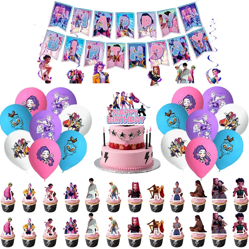 New Anime Kpop Demon Hunters Birthday Party Decorations Set Kpop Theme Cup Plate Gift Bags Balloons Banner Supplies Girls Favors
