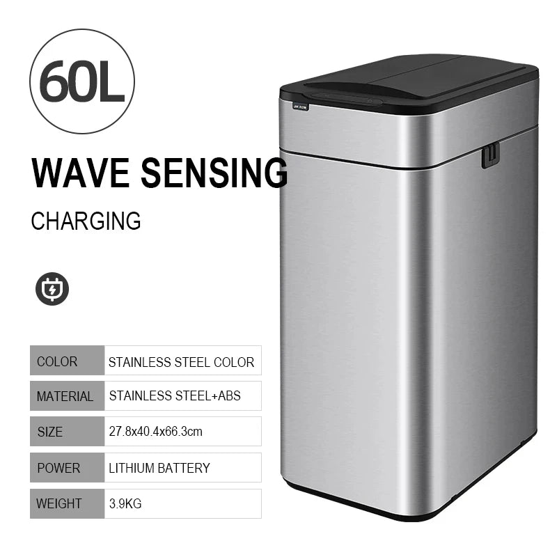 Smart Trash Can 15L 20L 30L 40L 50L 60L Stainless Steel Waste bin High Trash Cans Garbage Bin for Kitchen Trash Can Wastebasket