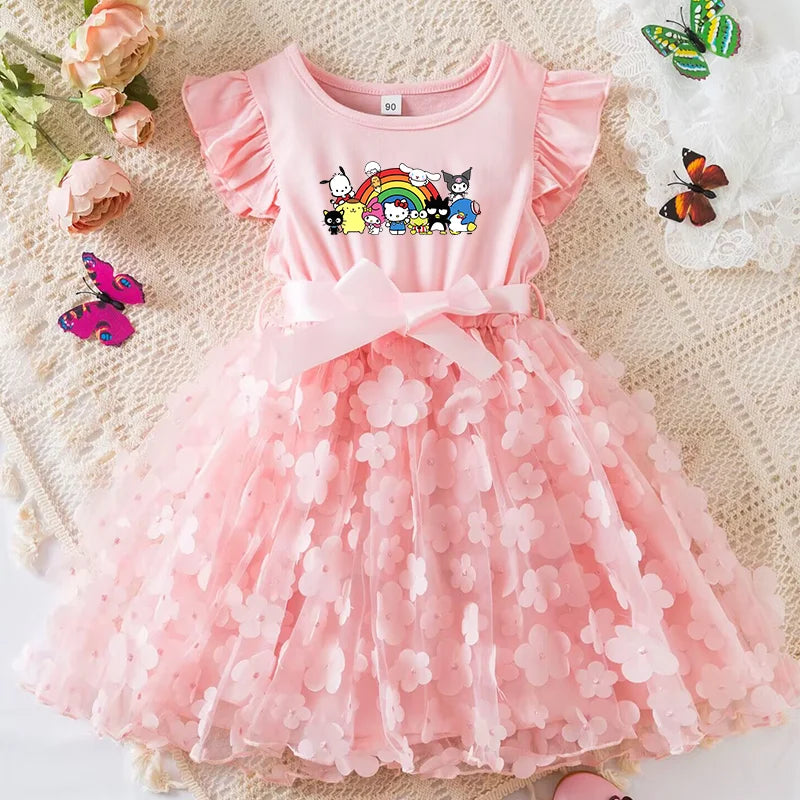 Hello Kitty Girls Summer Dress Cartoon Bow Tutu Dress 3D Butterfly Cute Cotton Party Casual Dress for Baby 2-6 Years
