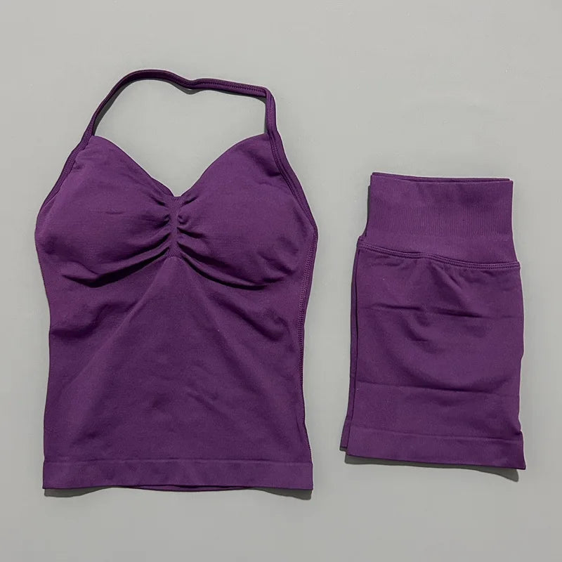 2 Pieces Sports Set Women Backless Tank Yoga Tops High Waist