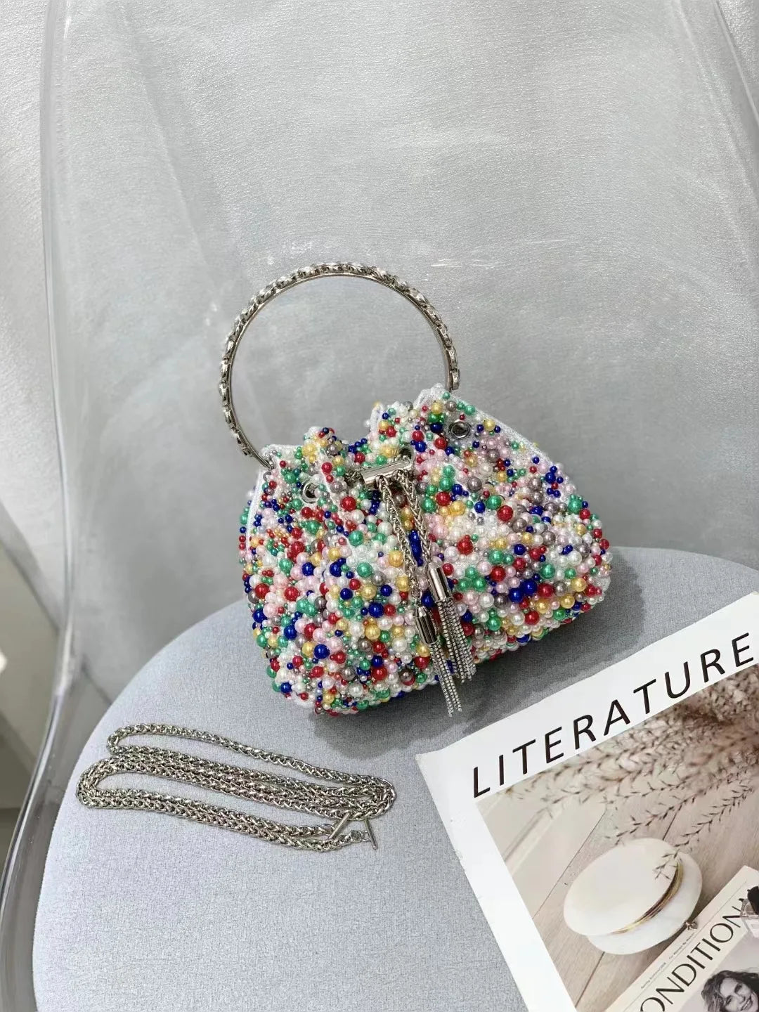 Luxury Designer Colorful Stones Evening Clutch Bag Wedding Party Bucket Purse Metal Handle Women Handbag Shoulder Messenger Bag