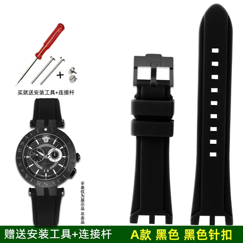Rubber Watch Band For Versace V-RACE DUAL Series Strap Silicone Watch Accessories 24mm Waterproof Belt Notch Special Concave