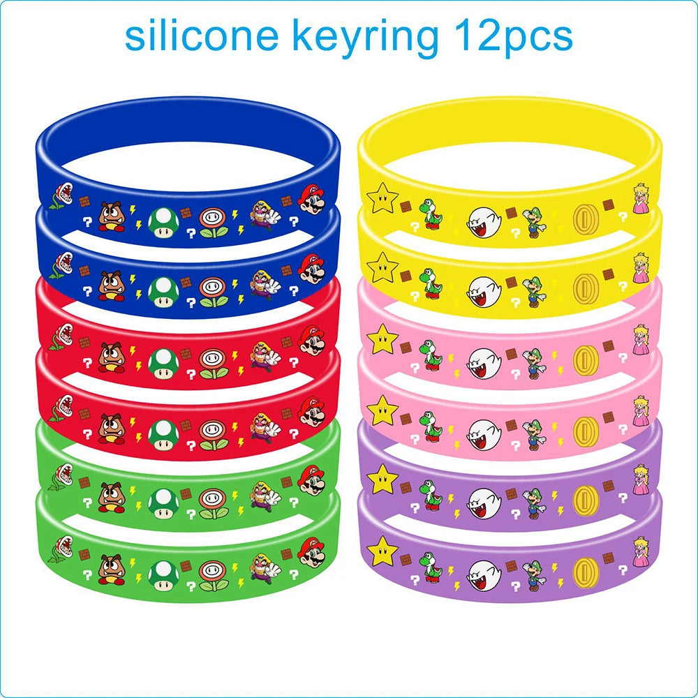 Super Marios Bro Kids Birthday Party Favor Supplies Reusable Masks Slap Bracelets Paper Bags Keychains Gift Bag Ring Decorations