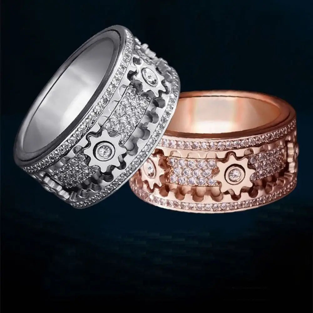 Handmade Diamond Ornate Geometric 3D Band Ring Gear Spinner Rings Rotating Mechanical Decompression Anxiety Ring for Women Men