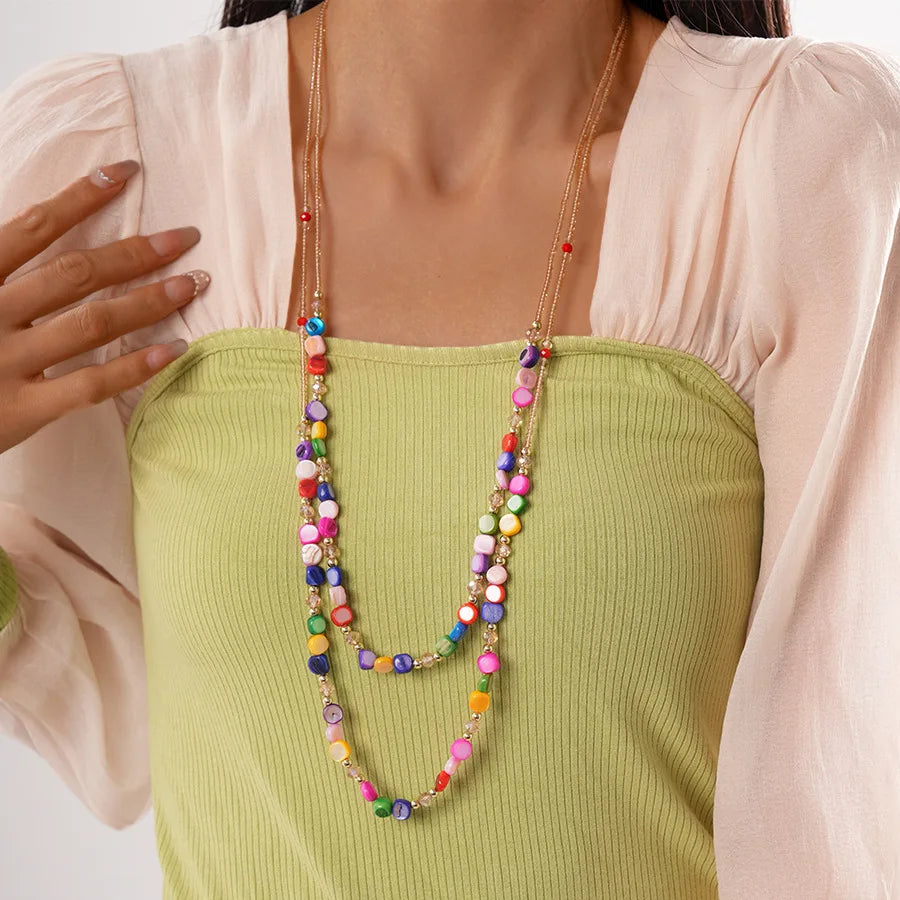 Boho Double-layer Shell Long Necklace for Women Vintage Irregular Beads Necklace Female Summer Vacation Jewelry Holiday Gifts