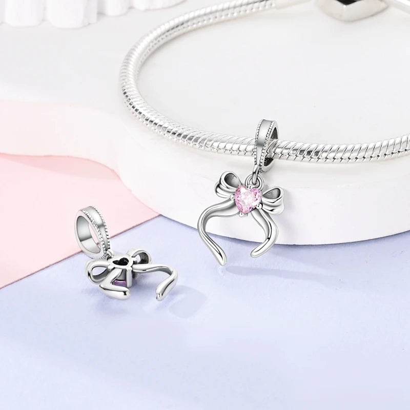 925 Sterling Silver Pink Series Charms Bow Tie Girl Cake Princess Beads Pendant Fit Original Bracelet DIY Jewelry Gift For Woman