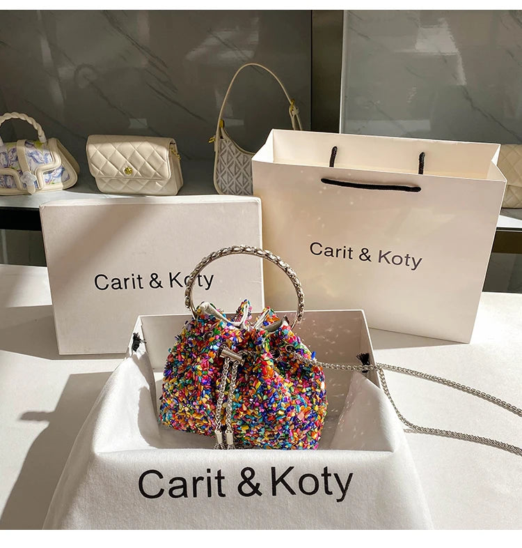 Luxury Designer Colorful Stones Evening Clutch Bag Wedding Party Bucket Purse Metal Handle Women Handbag Shoulder Messenger Bag