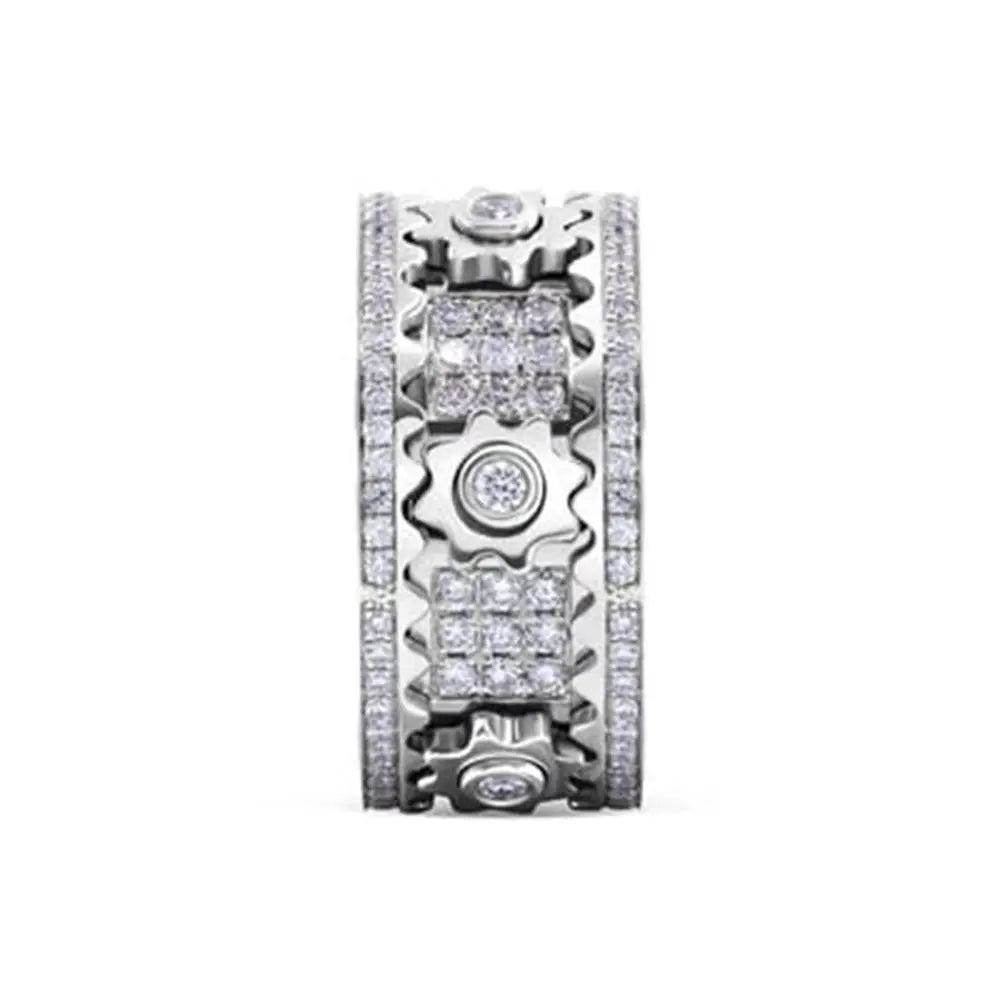 Handmade Diamond Ornate Geometric 3D Band Ring Gear Spinner Rings Rotating Mechanical Decompression Anxiety Ring for Women Men
