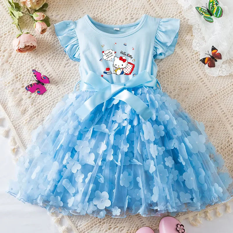 Hello Kitty Girls Summer Dress Cartoon Bow Tutu Dress 3D Butterfly Cute Cotton Party Casual Dress for Baby 2-6 Years
