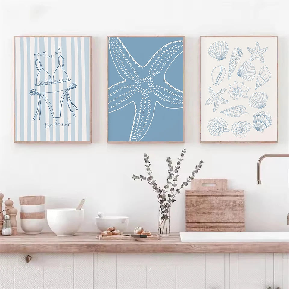Retro Trendy Abstract Beach Coastal Blue Seashell Palm Tree Bikini Poster Canvas Painting Wall Art Pictures Home Bathroom Decor
