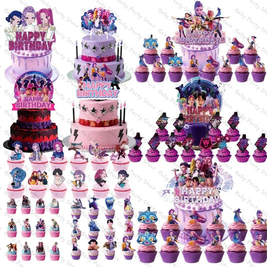 Demon Hunters Paper Cupcakes Topper Decor Birthday Cake Topper Set K-pop Anime Movie Demon Hunters Girls Party Cake Decora