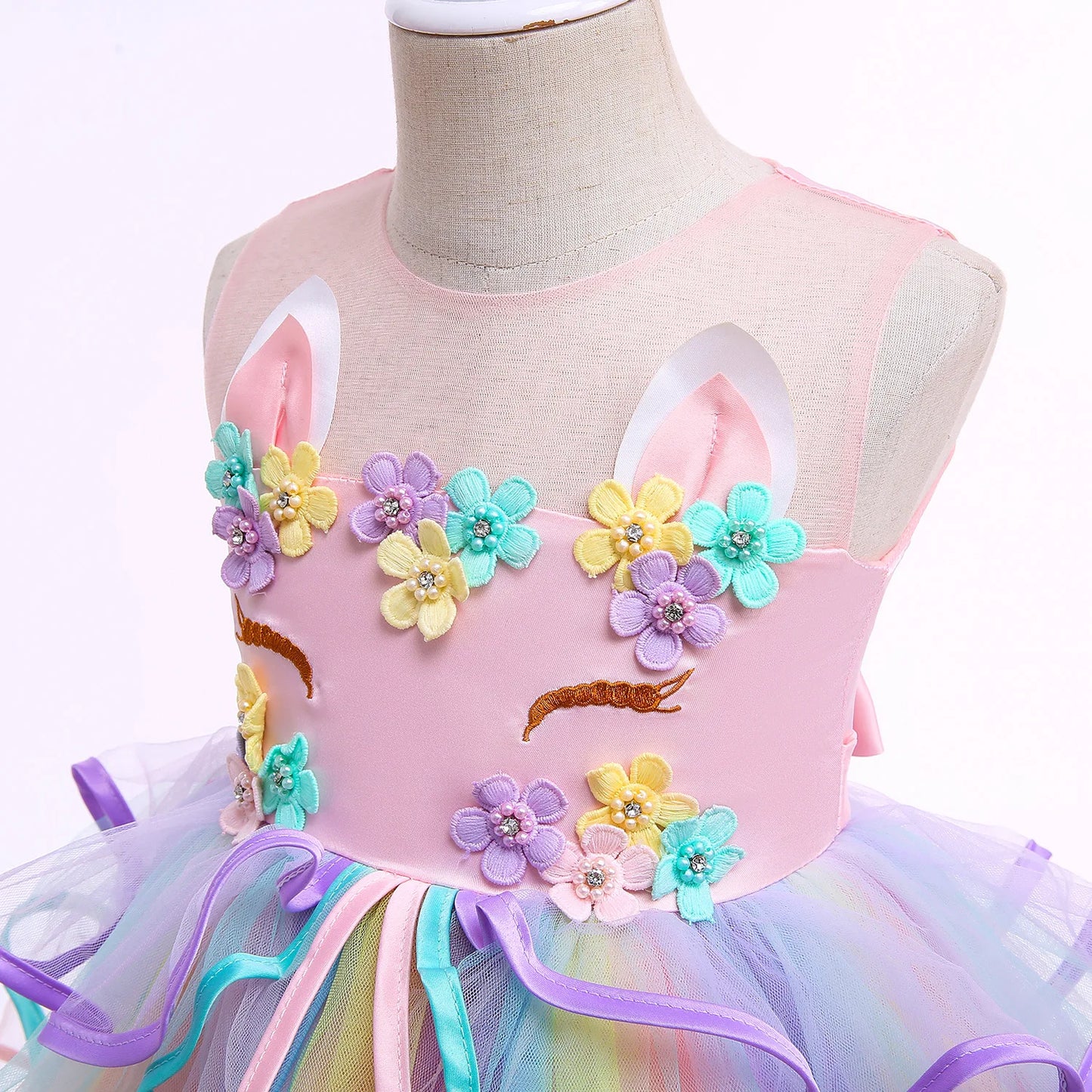 Summer Dress Girl Unicorn Cosplay Costume Children's Day Mesh Rainbow Tulle Princess Dress for Birthday Gift Kids Fashion Dress
