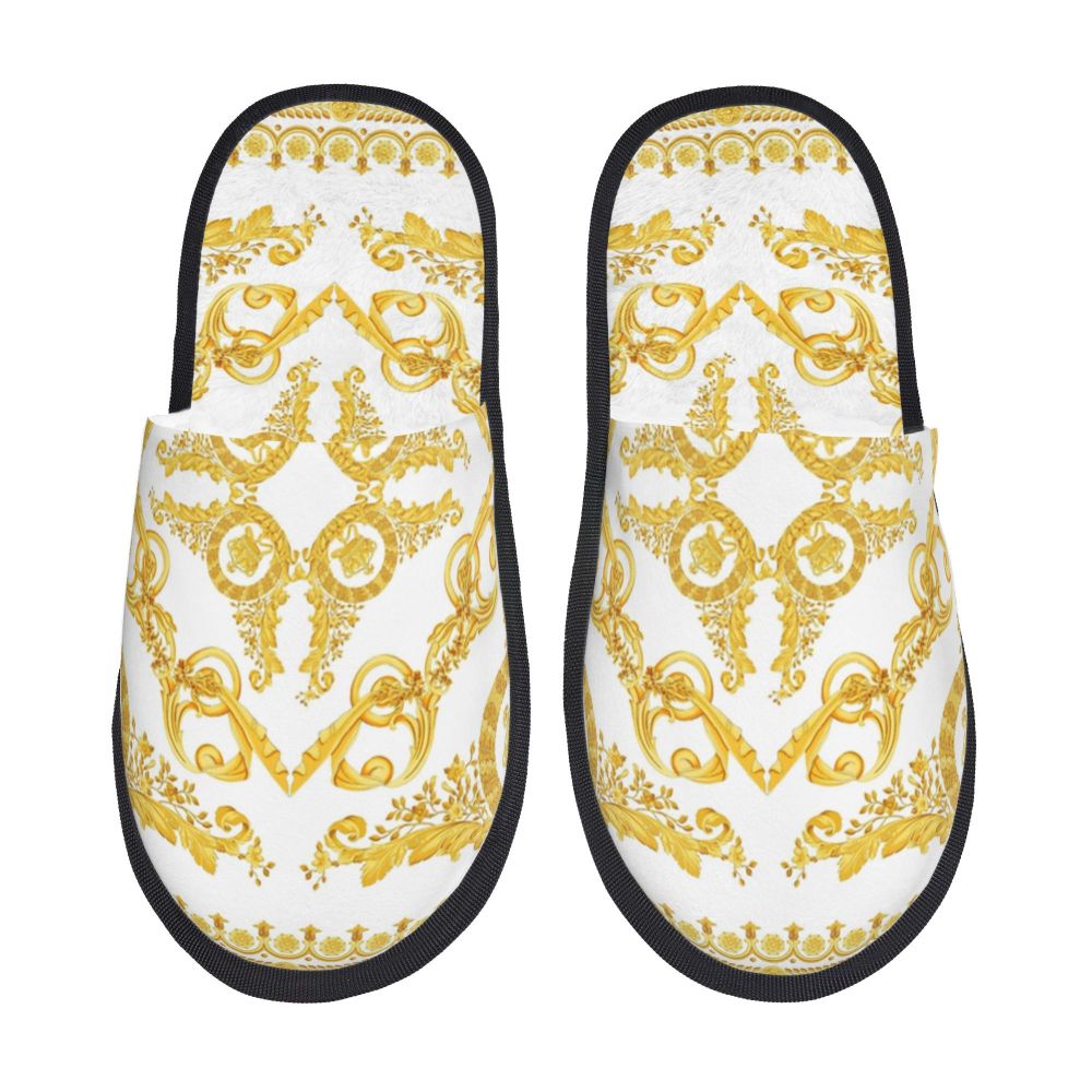 Custom Vintage Baroque Prints Greek Ornament Golden Meander Meandros Soft Scuff Memory Foam Slippers Women Hotel House Shoes