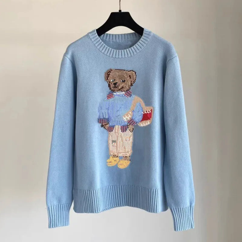 European Style Luxury Brand Loose O-Neck Bear Pullover Tops Knitwear Woman Short Sleeve T-shirt Ladies Wool Knitted Sweater