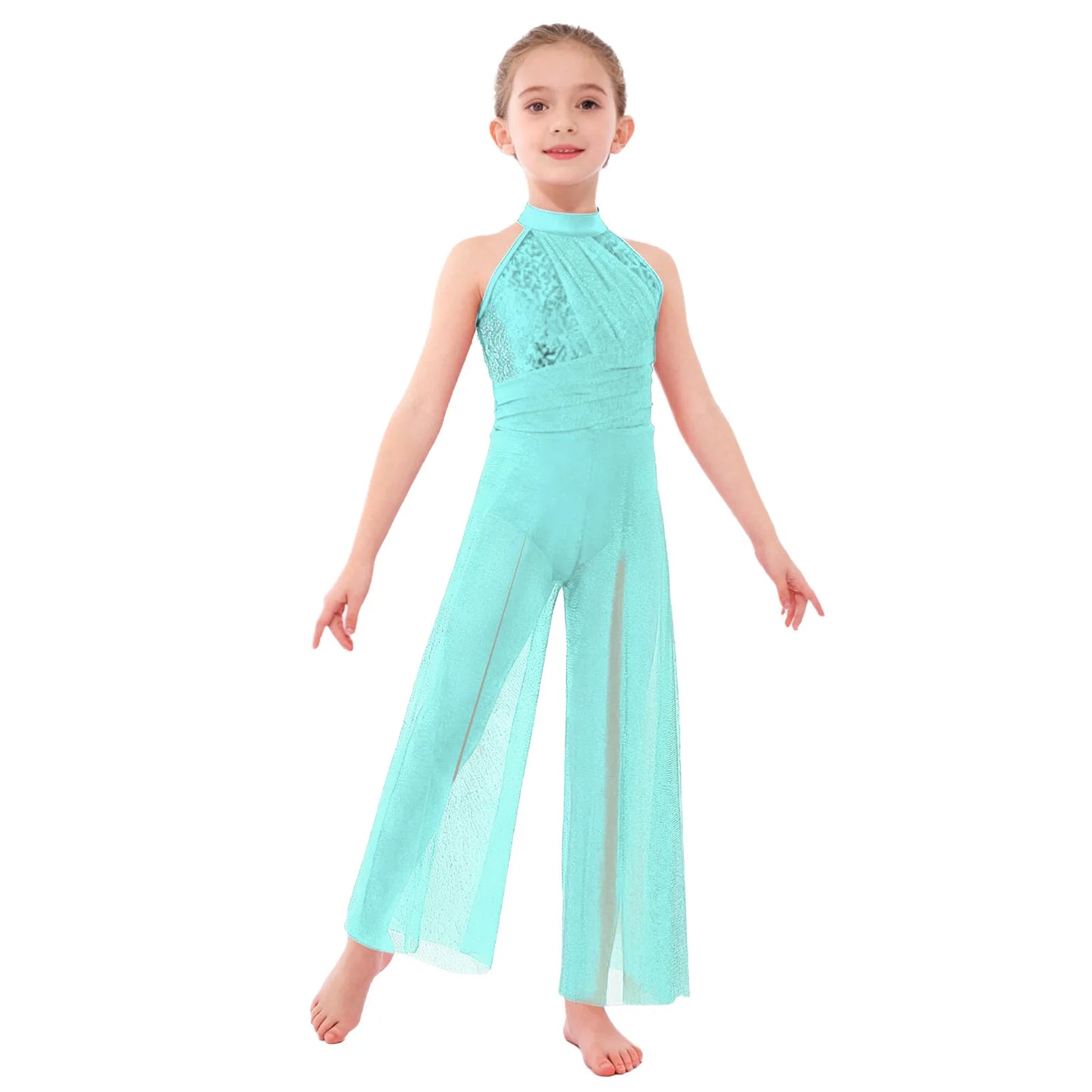 Children Girls Modern Lyrical Dance Jumpsuit Sleeveless Shiny Sequin Mesh Split Ballet Figure Skating Gymnastic Leotard Bodysuit