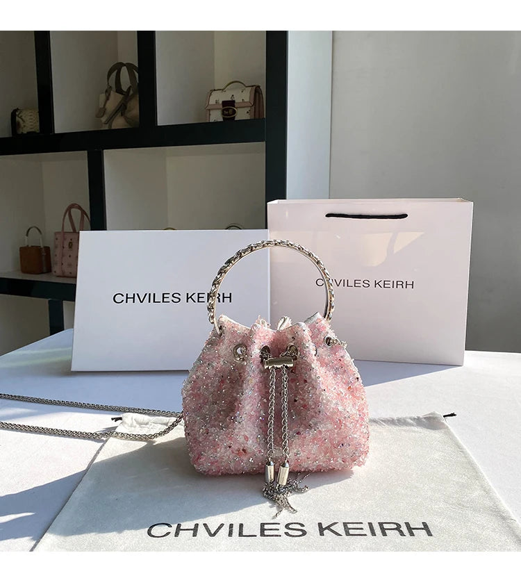 Luxury Designer Colorful Stones Evening Clutch Bag Wedding Party Bucket Purse Metal Handle Women Handbag Shoulder Messenger Bag