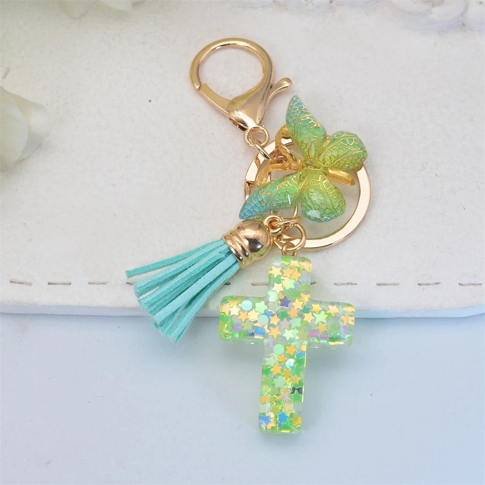 Exquisite Cross Butterfly Keychain Cute Resin Christian Cross Key Ring Purse Bag Pendant Car Key Accessories Women Party Gift