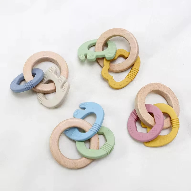 Baby Teething Toys Silicone Wooden Ring Teether BPA Free Cute Elephant Babies Chew Toy for Boys and Girls Newborn Gifts