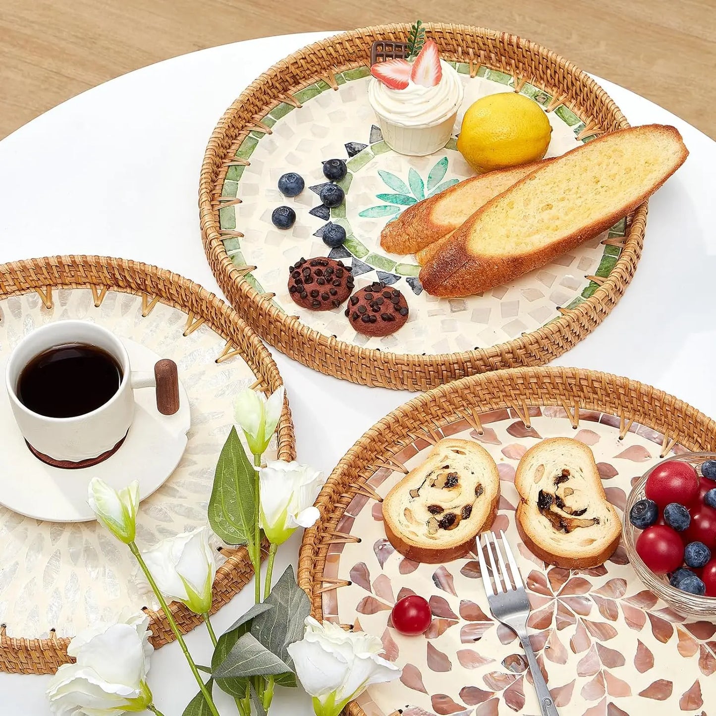 Round Rattan Tray with Mother of Pearl Inlay Rattan Serving Tray Wooden Base Storage and Display of Coffee Bread Food Fruit