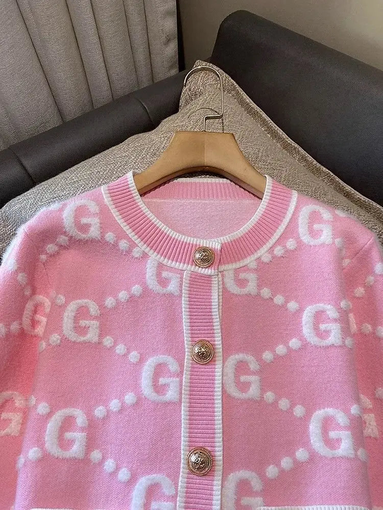 Luxury Pink Knitted Cardigan Women Sweater Autumn Winter Coat Letter Long Sleeve Short Tops Design Trend Women's Clothing New