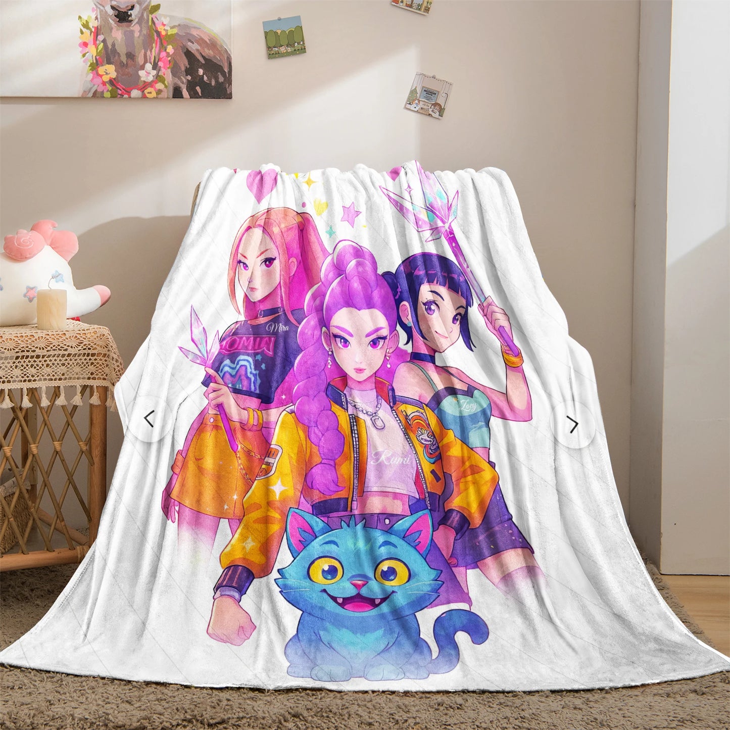 1pcs Cute Huntrix Cat K Pop Flannel Blanket Cozy Throw For Girls Bedroom Holiday Use