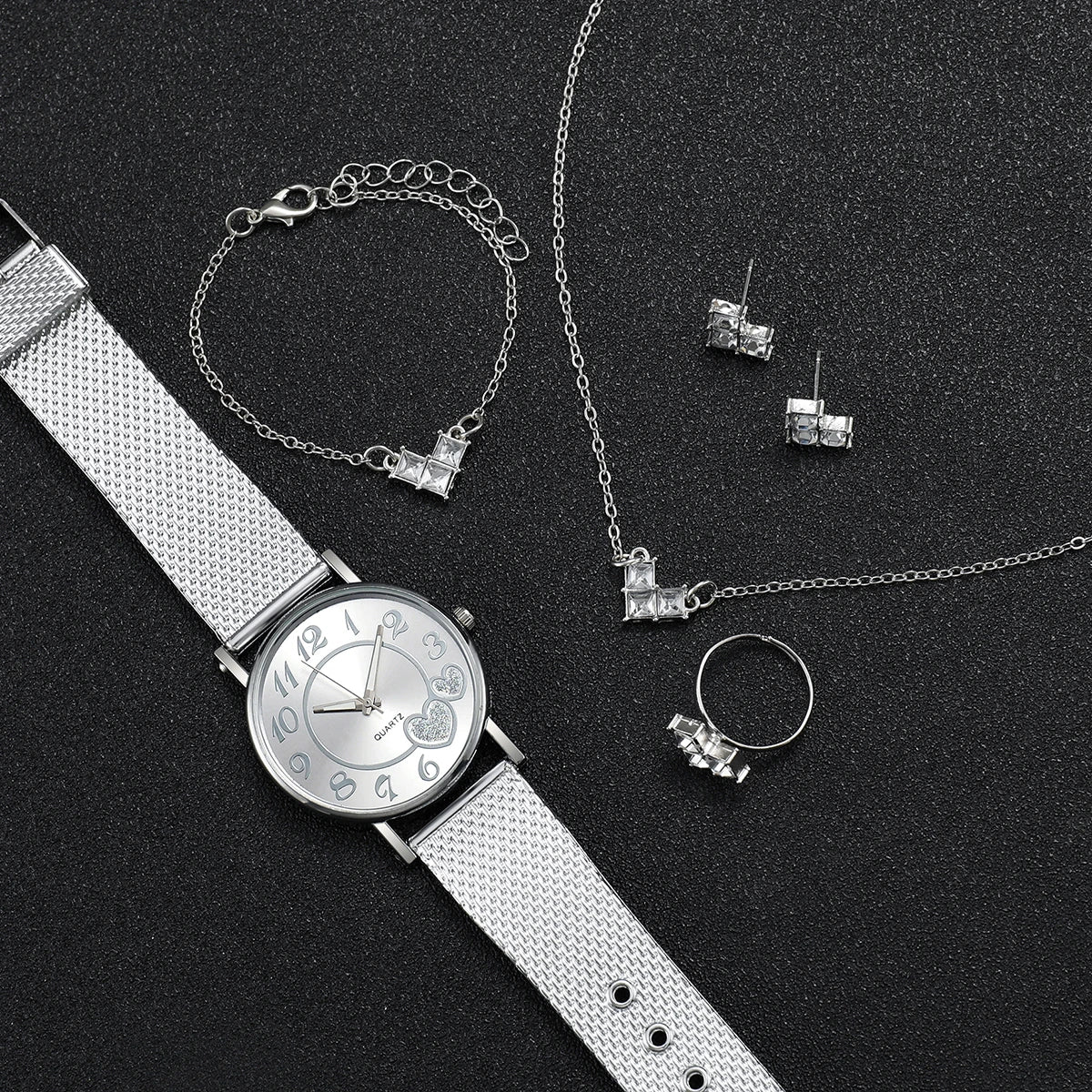6PCS/Set Fashion Heart Dial Women's Quartz Watch Casual Plastic Band Watches Rhinestone Jewelry Set（Without Box）