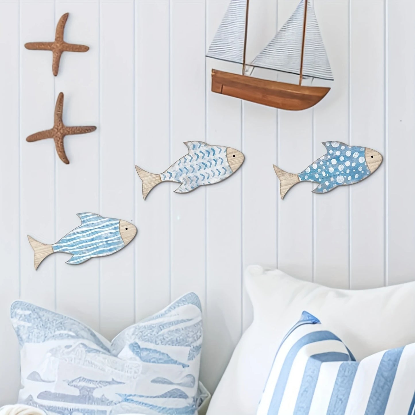 2D Wooden Fish Nautical Walls Beach Art Walls Hang Decorated Marine Themed Retro blue Fish Family Bathroom Pendants Gifts