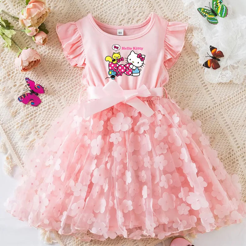 Hello Kitty Girls Summer Dress Cartoon Bow Tutu Dress 3D Butterfly Cute Cotton Party Casual Dress for Baby 2-6 Years