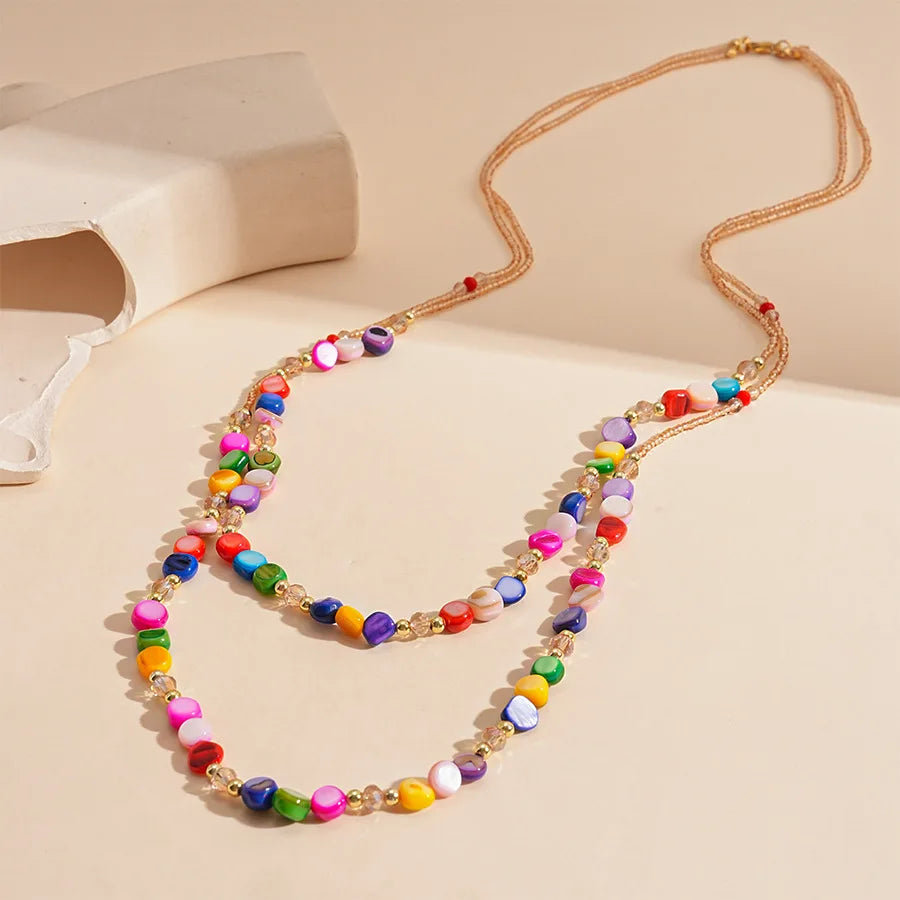 Boho Double-layer Shell Long Necklace for Women Vintage Irregular Beads Necklace Female Summer Vacation Jewelry Holiday Gifts