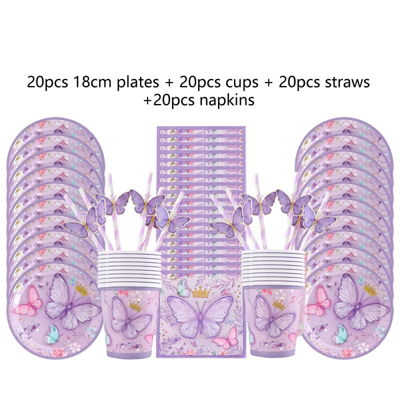 Purple Butterfly Party Decoration Disposable Paper Plates Napkins Cups Straw Tableware Set for Butterfly Birthday Party