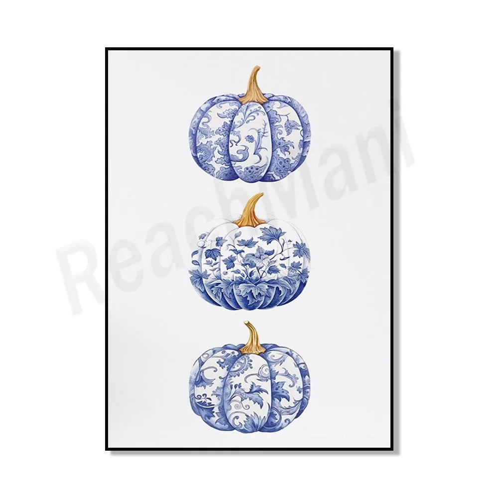 Chinoiserie Pumpkin Art, Hamptons Style Fall Aesthetic Fall Painting, Blue and White Porcelain Wall Art Canvas Print Poster