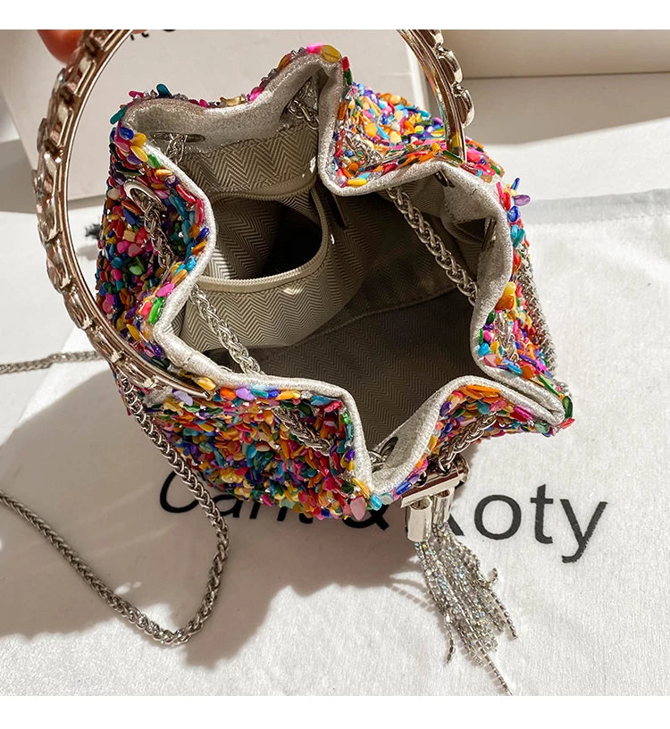 Luxury Designer Colorful Stones Evening Clutch Bag Wedding Party Bucket Purse Metal Handle Women Handbag Shoulder Messenger Bag