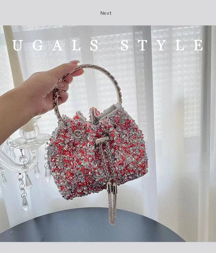 Luxury Designer Colorful Stones Evening Clutch Bag Wedding Party Bucket Purse Metal Handle Women Handbag Shoulder Messenger Bag
