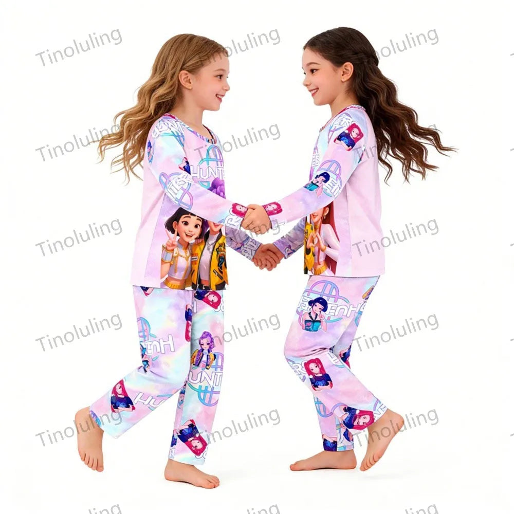 KPop Demon Hunters Huntrix Kids Pajamas Set Long Sleeve Girls Clothing 2pcs Children's Sleepwear Cartoon Boys Nightwear 3-14Y