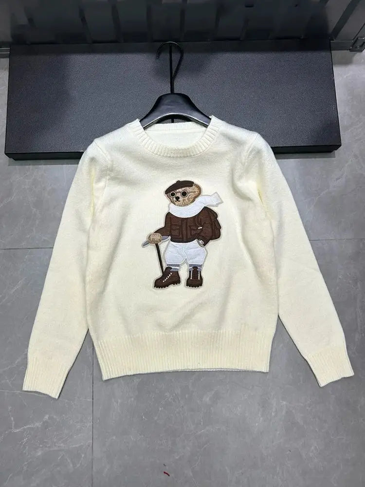 High Street Luxury French Ladies Embroidery Bear Knitted Pullover Sweater For Women Fashion Casual Knitwear Tops Pull Femme