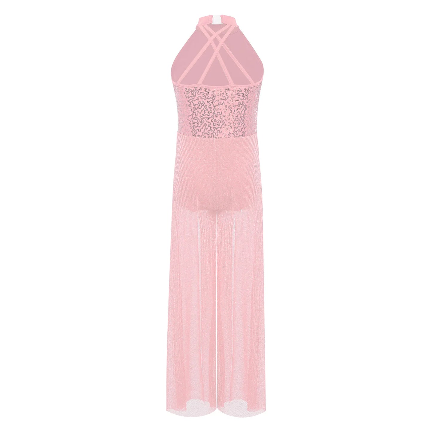 Children Girls Modern Lyrical Dance Jumpsuit Sleeveless Shiny Sequin Mesh Split Ballet Figure Skating Gymnastic Leotard Bodysuit