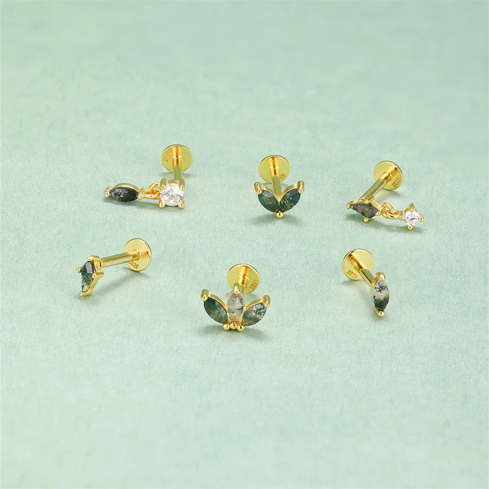 AIDE Water Grass Agate 925 Sterling Silver Flat Head Thread Piercing Earring Green Moss Piercing Ear Bone Earring Jewelry 1pc
