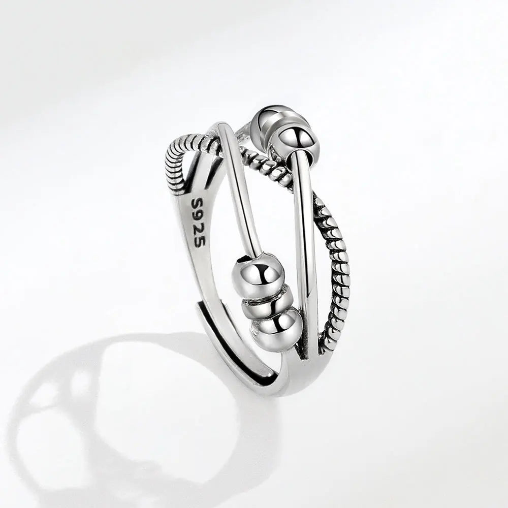 Vintage Round Beads Rotating Anti Stress Ring For Women Twisted Fidget Metal Spinner Anxiety Relief Spinning Ring Bague Femme