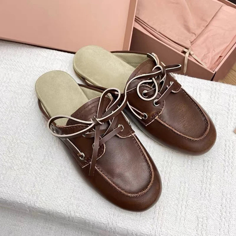 2026 New Fashion Women Slippers Leisure Slip on Summer Beach Holiday Leather Lace Up Versatile Round Toe Flat Loafers Sandals