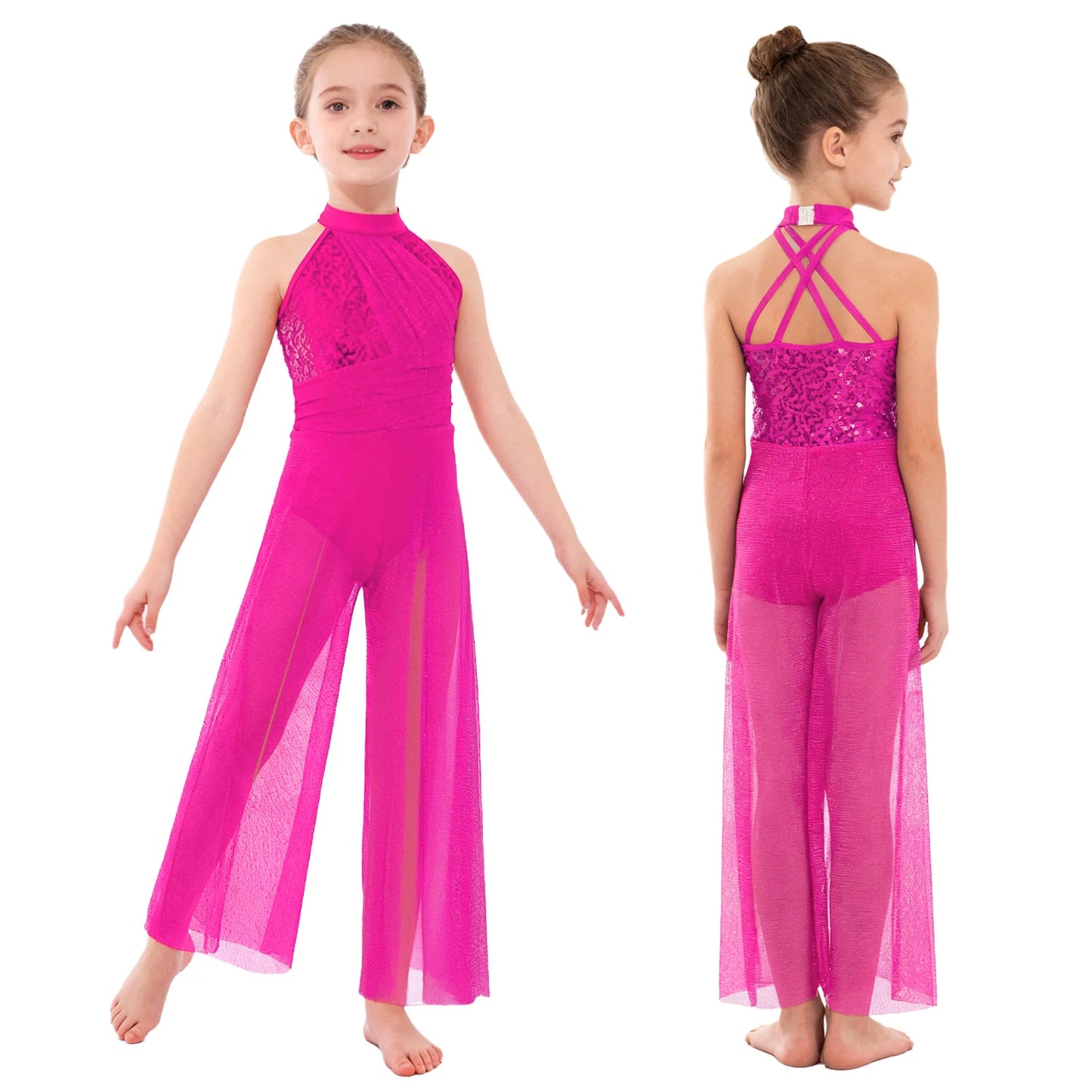 Children Girls Modern Lyrical Dance Jumpsuit Sleeveless Shiny Sequin Mesh Split Ballet Figure Skating Gymnastic Leotard Bodysuit