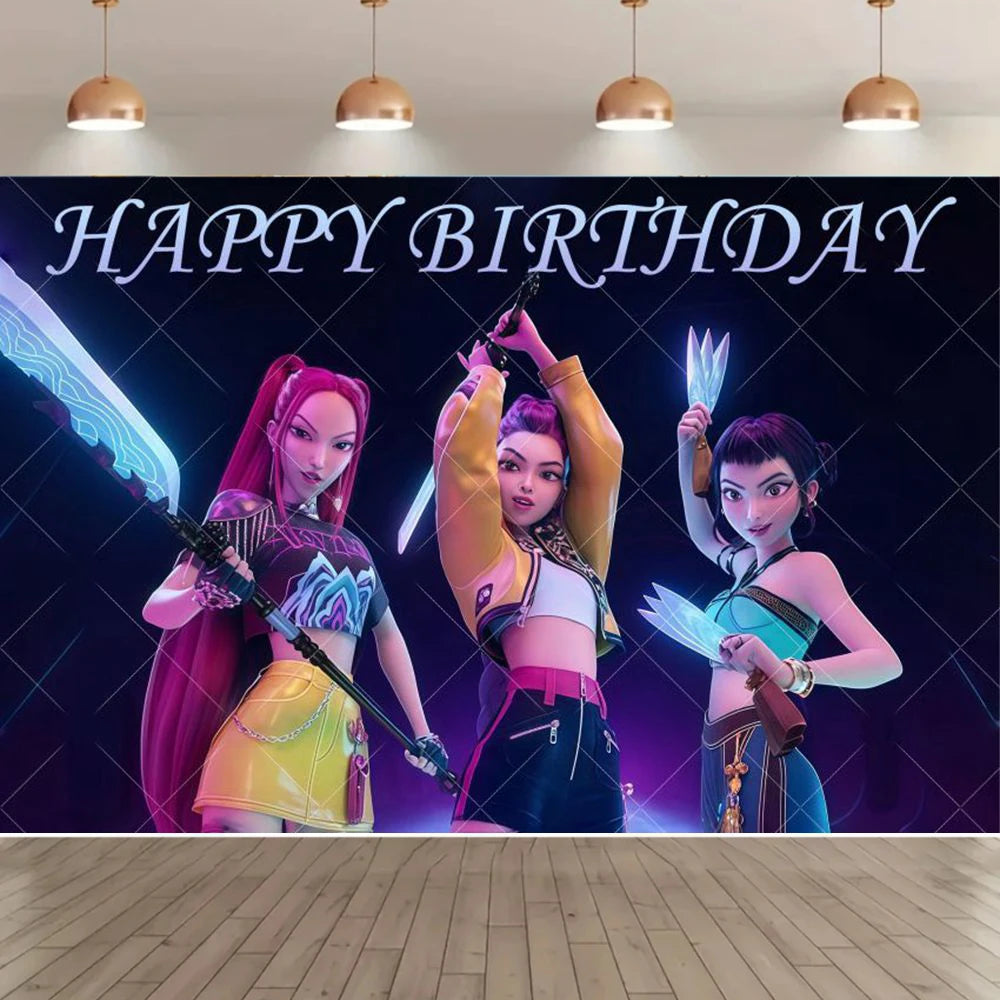 Adult Children's Birthday Party Decorations Background Hot KPop Girl Demon Hunters Backdrop Baby Shower Banner Photo Booth Props