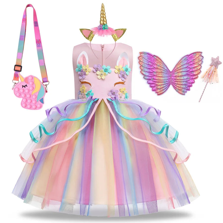 Summer Dress Girl Unicorn Cosplay Costume Children's Day Mesh Rainbow Tulle Princess Dress for Birthday Gift Kids Fashion Dress