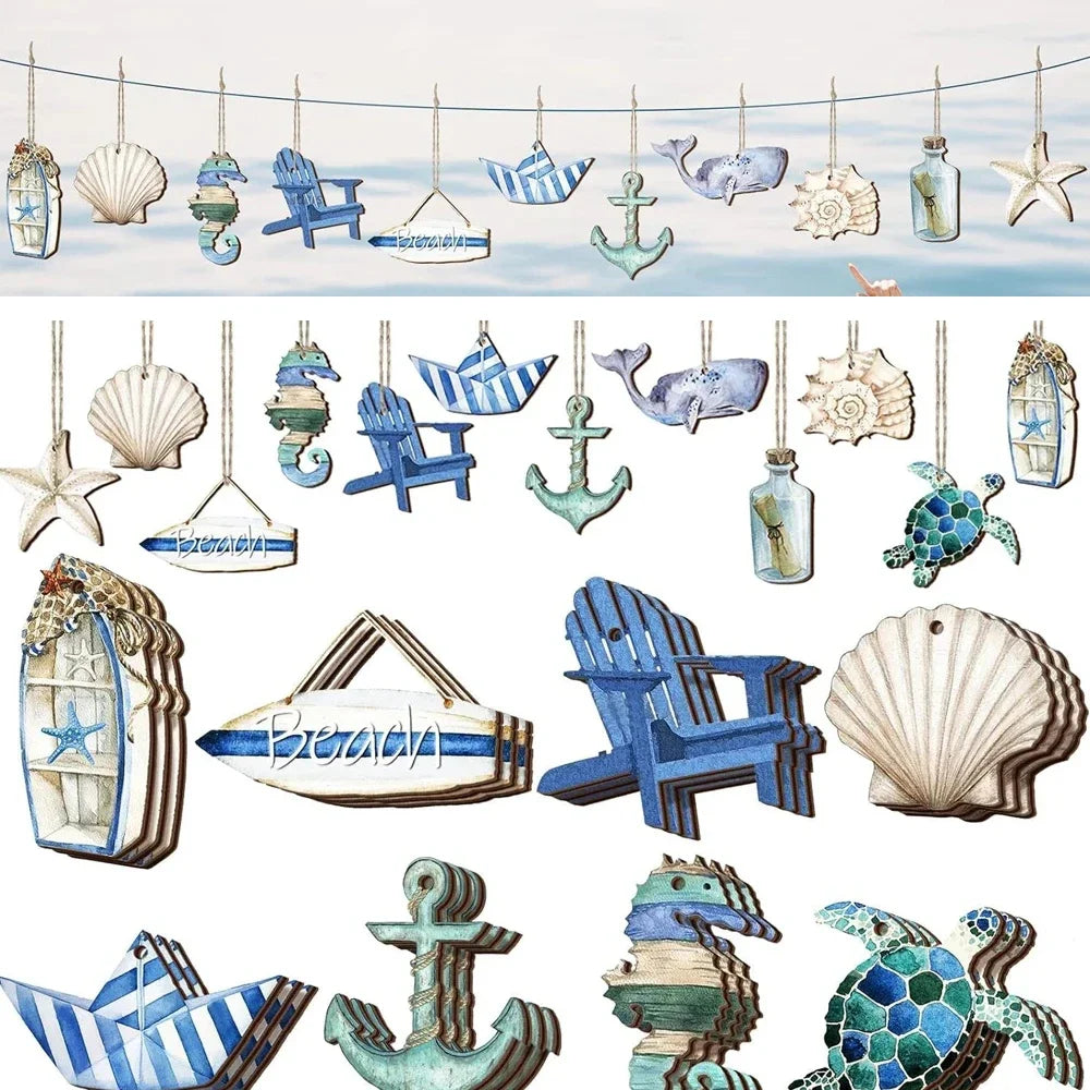 12Pcs Wooden Ocean Themed Decorations Sea Animals Sand Beach Hanging Pendant with Rope for Holiday Party DIY Decor Supplies
