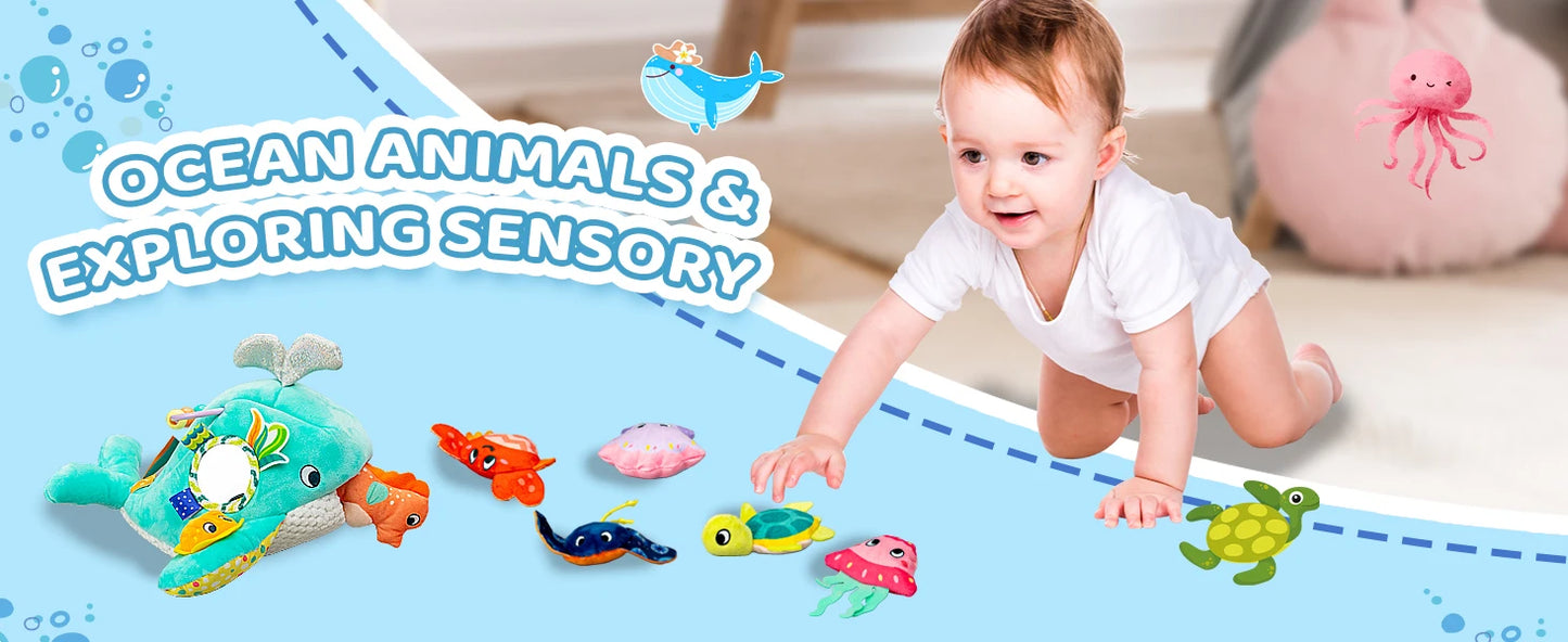 Baby Toys 6-12 Months Soft Baby Beehive with 5 Sensory Bee Rattle Mirror Crinkle Squeaker Busy Montessori Soft Toy for Toddlers
