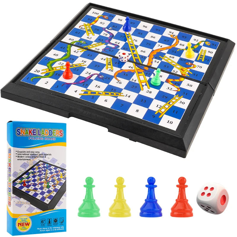 International Snakes and Ladders Parent-Child Board Game Toy - Magnetic-Free Foldable Board with Storage for Game Pieces