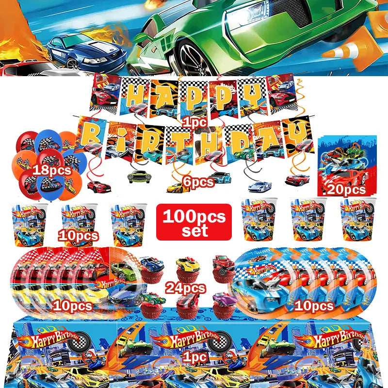 Happy Wheels Birthday Birthday Party Supplies Hot Race Car Theme Tableware Set Cups Plates Balloons Gift Bags for Kids Boys ﻿