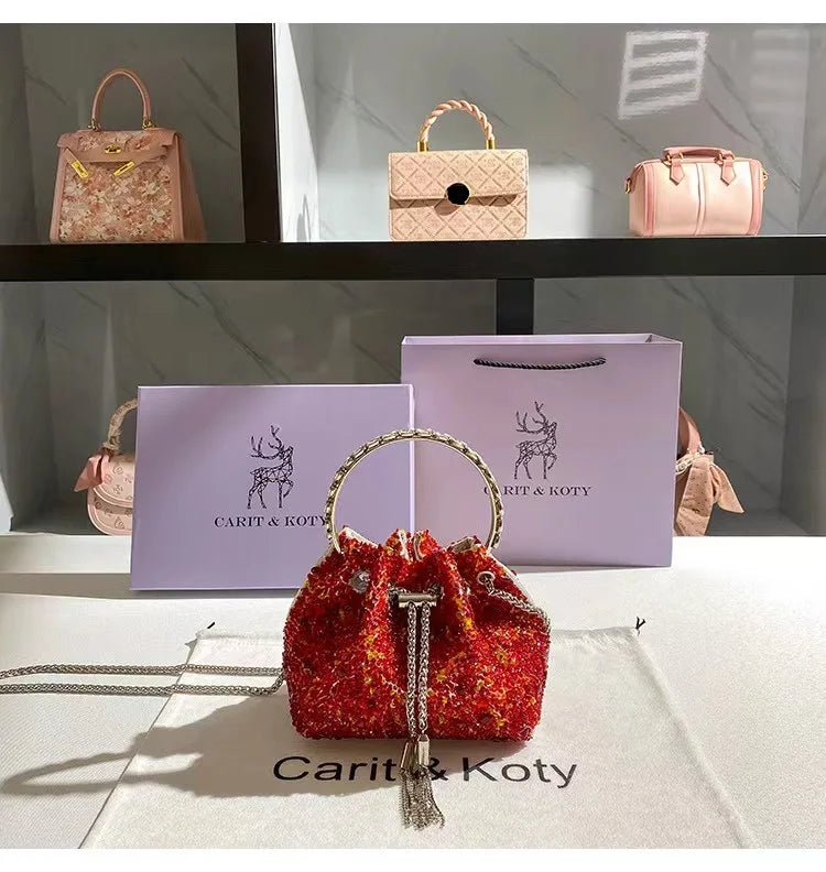 Luxury Designer Colorful Stones Evening Clutch Bag Wedding Party Bucket Purse Metal Handle Women Handbag Shoulder Messenger Bag