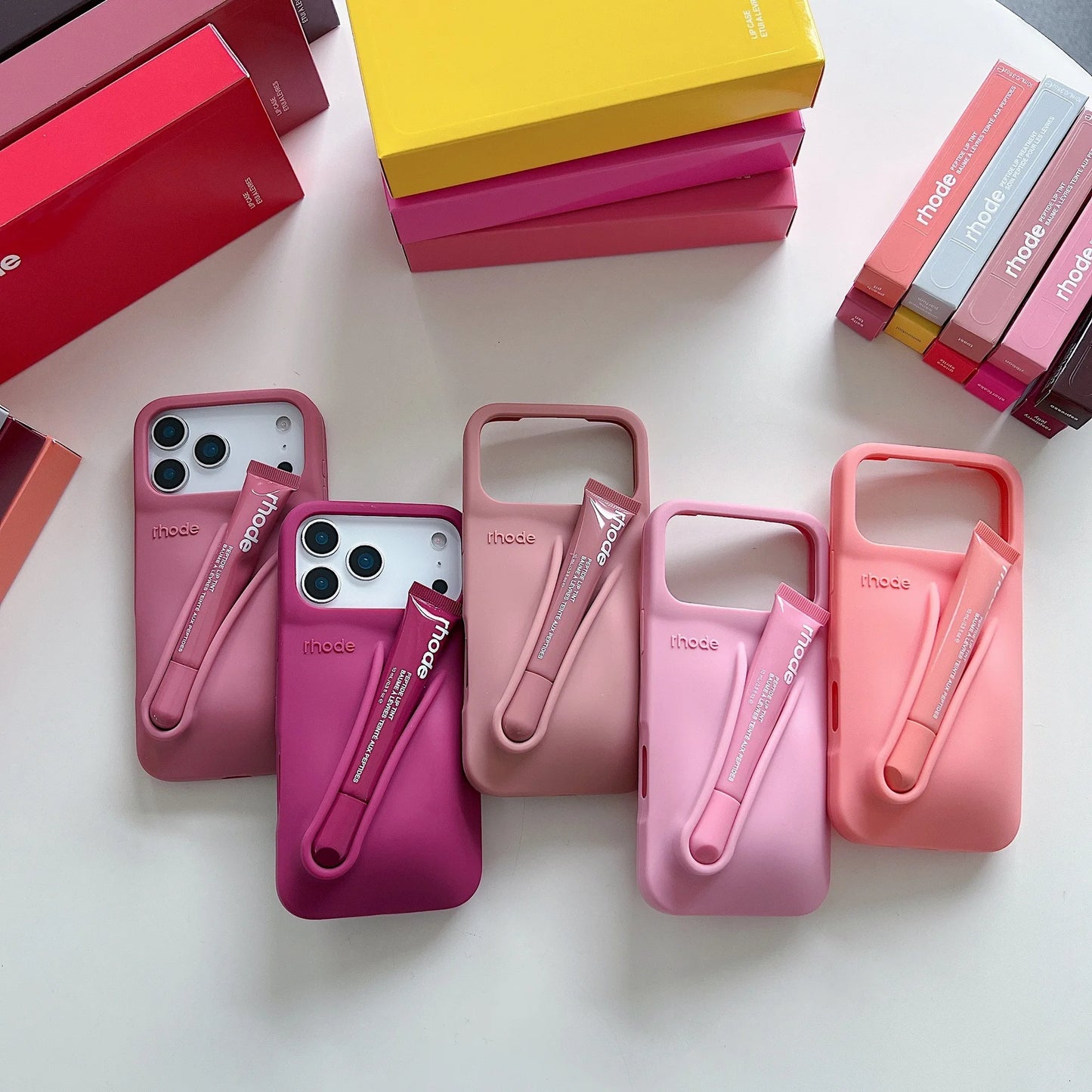 RHODE lip gloss, suitable for iPhone 11/13/14/15/16/17 Pro Max Plus, makeup lip gloss silicone protective cover, with lip gloss