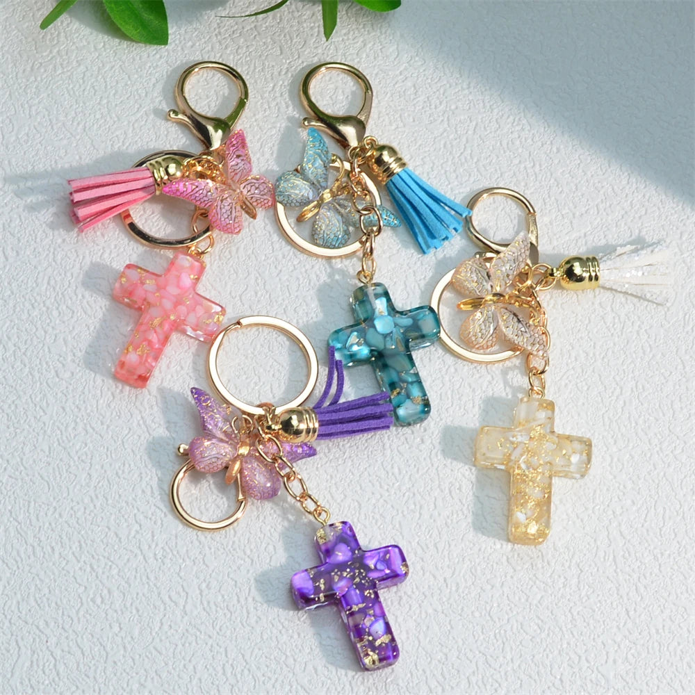Exquisite Cross Butterfly Keychain Cute Resin Christian Cross Key Ring Purse Bag Pendant Car Key Accessories Women Party Gift